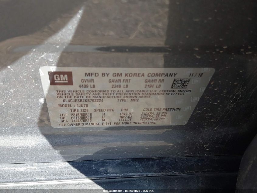 2019 Buick Encore Awd Preferred VIN: KL4CJESB2KB792224 Lot: 43301301