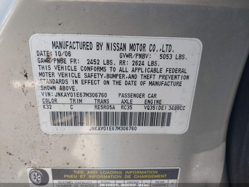 2007 Infiniti M35 VIN: JNKAY01E67M306760 Lot: 43301311
