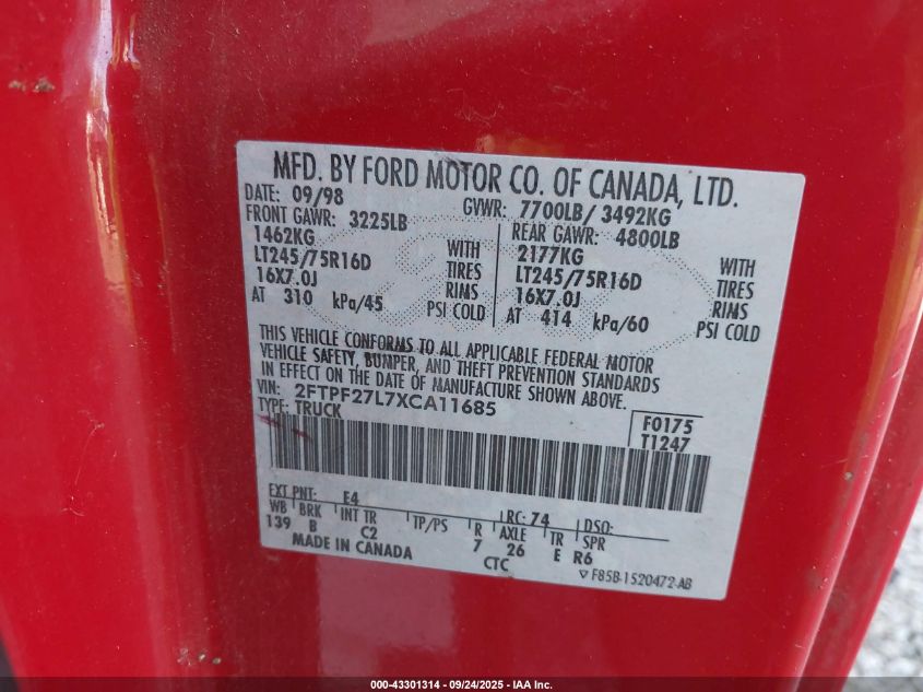 1999 Ford F-250 Lariat/Work Series/Xl/Xlt VIN: 2FTPF27L7XCA11685 Lot: 43301314