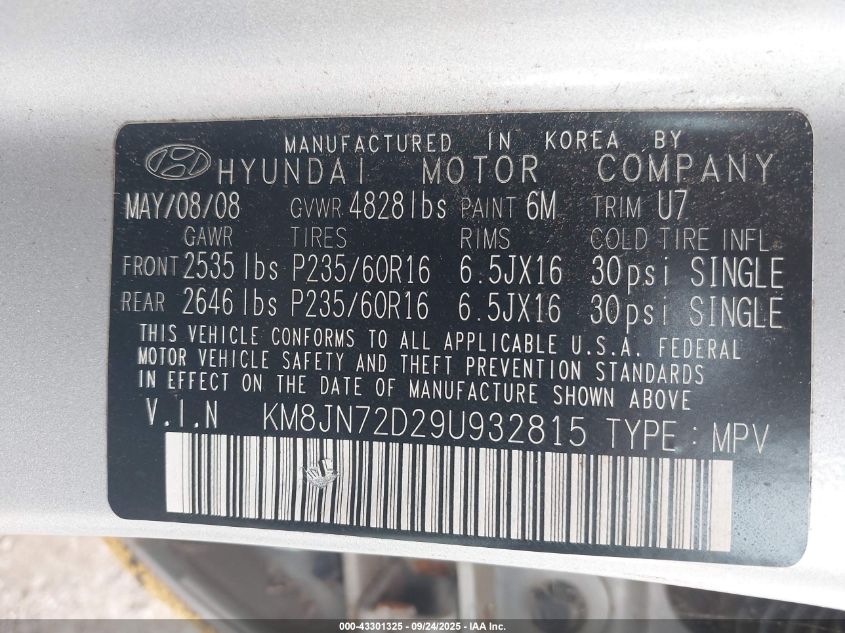 2009 Hyundai Tucson Se VIN: KM8JN72D29U932815 Lot: 43301325