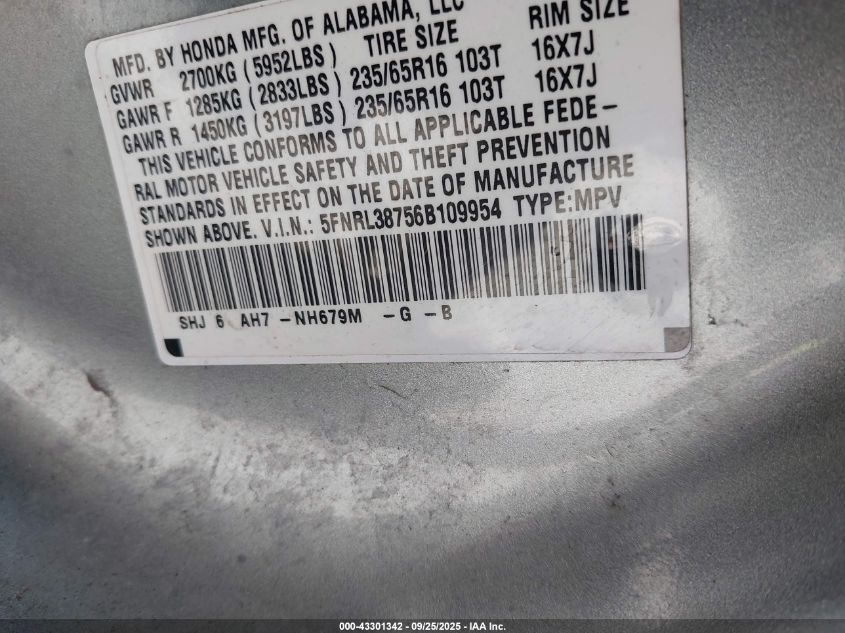 2006 Honda Odyssey Ex-L VIN: 5FNRL38756B109954 Lot: 43301342