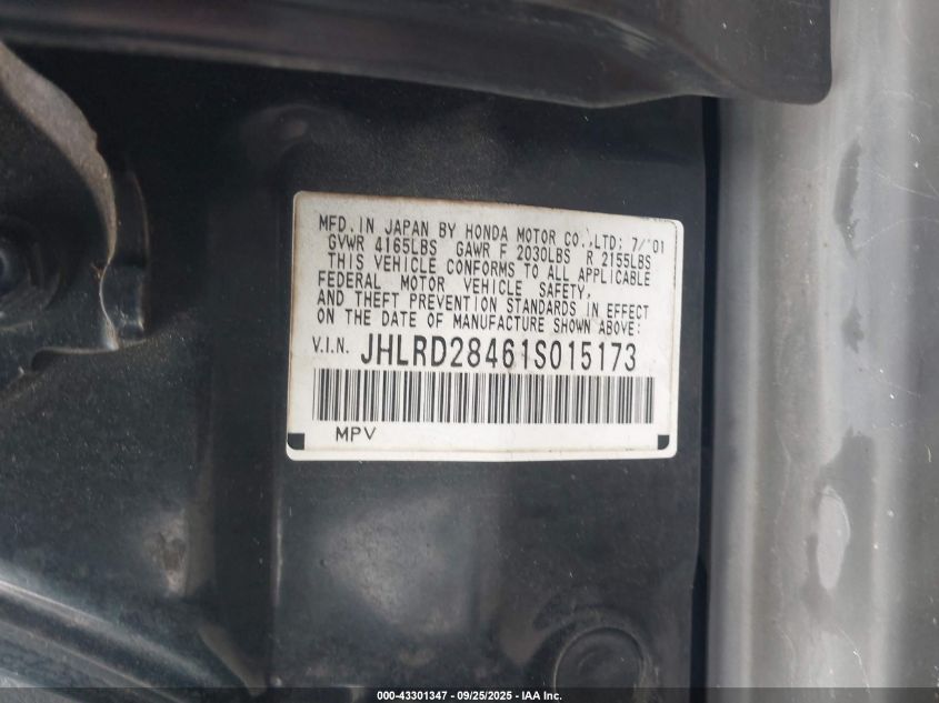 2001 Honda Cr-V Lx VIN: JHLRD28461S015173 Lot: 43301347