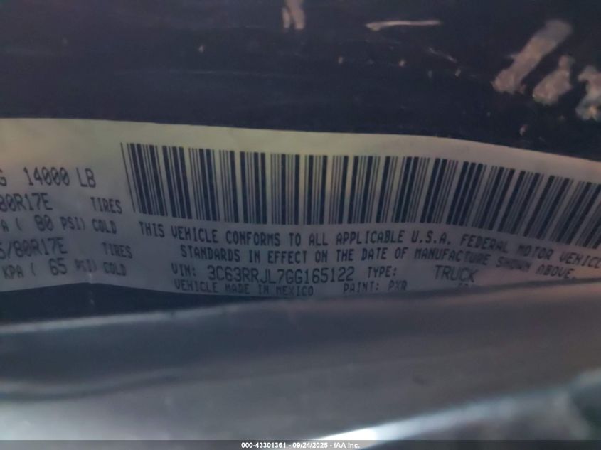 2016 Ram 3500 Laramie VIN: 3C63RRJL7GG165122 Lot: 43301361