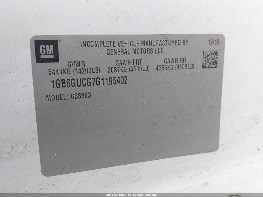 2016 Chevrolet Express Cutaway 4500 VIN: 1GB6GUCG7G1195402 Lot: 43301366