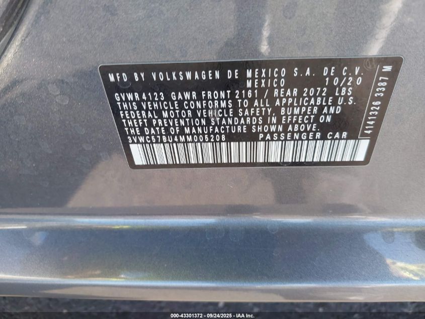 2021 Volkswagen Jetta 1.4T R-Line/1.4T S/1.4T Se VIN: 3VWC57BU4MM005208 Lot: 43301372