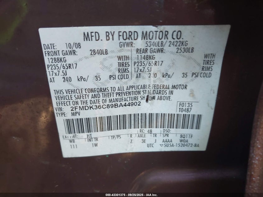 2009 Ford Edge Se VIN: 2FMDK36C89BA44902 Lot: 43301375