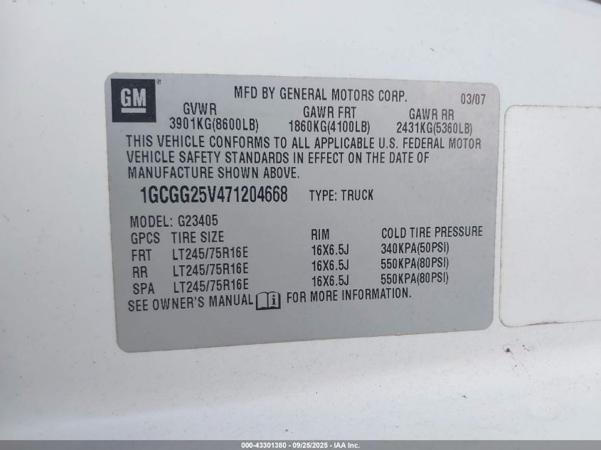 2007 Chevrolet Express Work Van VIN: 1GCGG25V471204668 Lot: 43301380