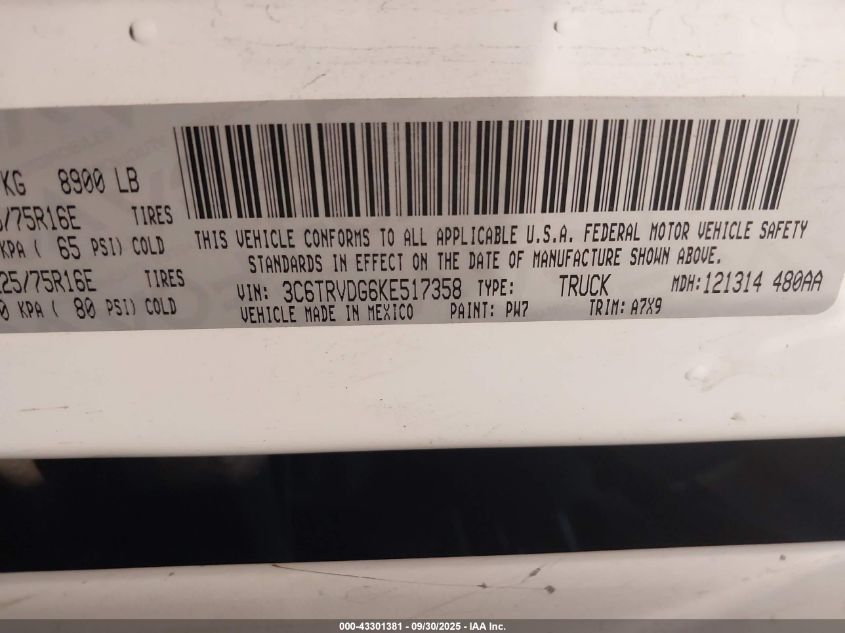 2019 Ram Promaster 2500 High Roof 159 Wb VIN: 3C6TRVDG6KE517358 Lot: 43301381