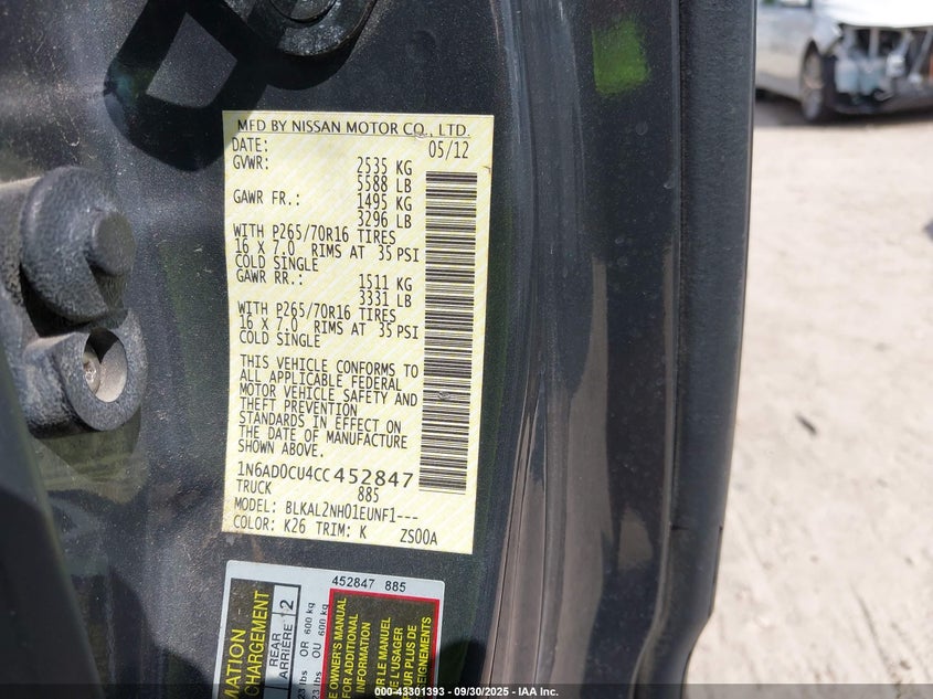 2012 Nissan Frontier Sv VIN: 1N6AD0CU4CC452847 Lot: 43301393