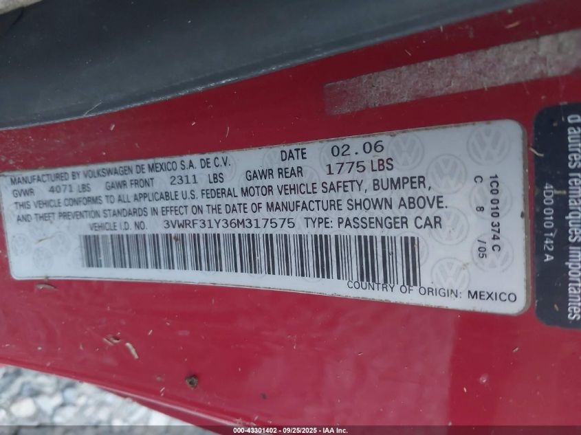 2006 Volkswagen New Beetle 2.5 VIN: 3VWRF31Y36M317575 Lot: 43301402