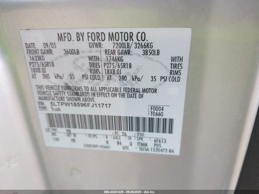 2006 Lincoln Mark Lt VIN: 5LTPW18596FJ11717 Lot: 43301429