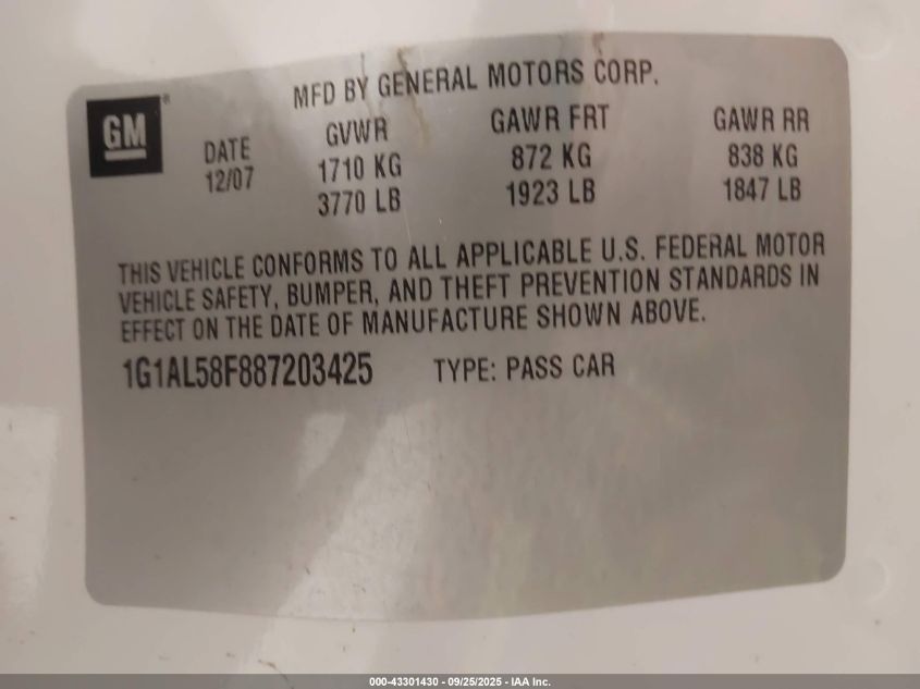 2008 Chevrolet Cobalt Lt VIN: 1G1AL58F887203425 Lot: 43301430
