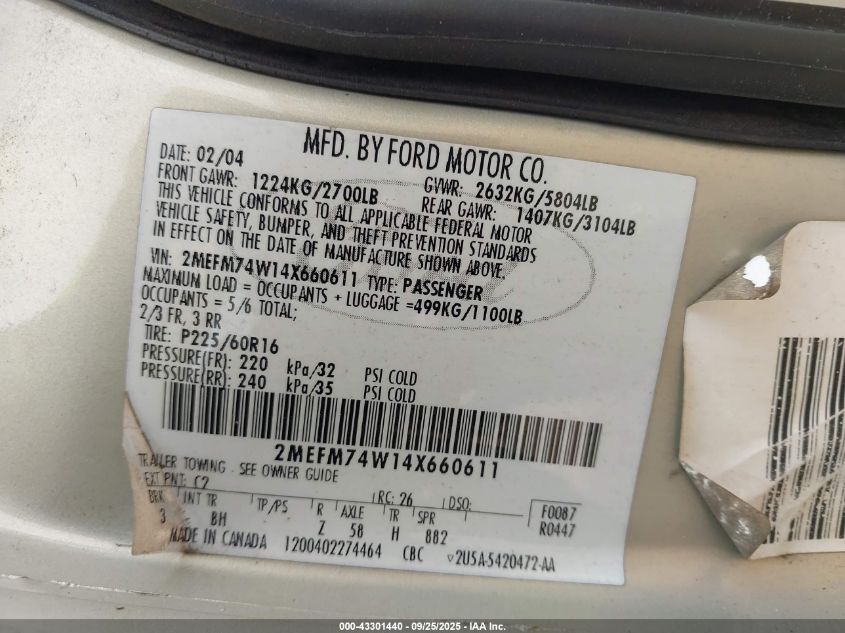 2004 Mercury Grand Marquis Gs VIN: 2MEFM74W14X660611 Lot: 43301440