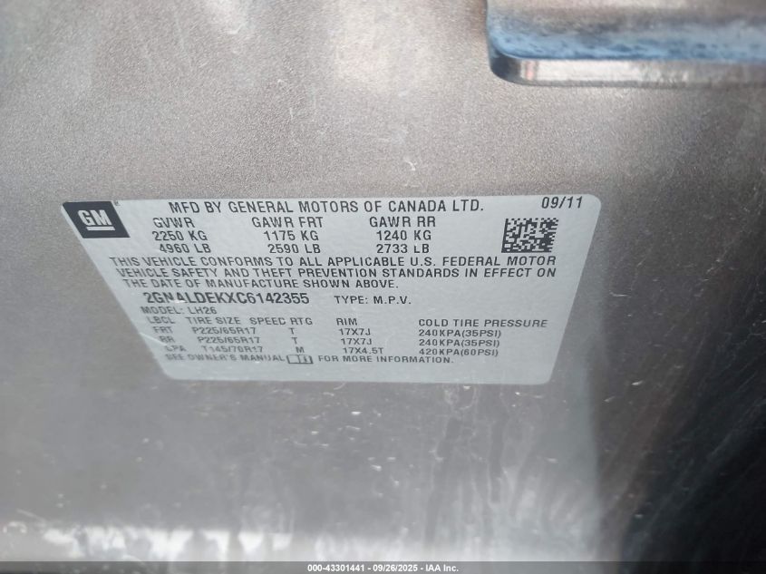 2012 Chevrolet Equinox 1Lt VIN: 2GNALDEKXC6142355 Lot: 43301441