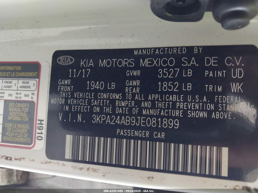 2018 Kia Rio Lx VIN: 3KPA24AB9JE081899 Lot: 43301450