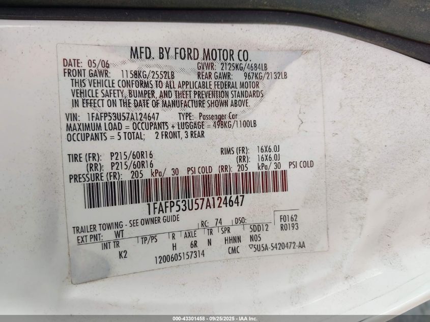 2007 Ford Taurus Se VIN: 1FAFP53U57A124647 Lot: 43301458