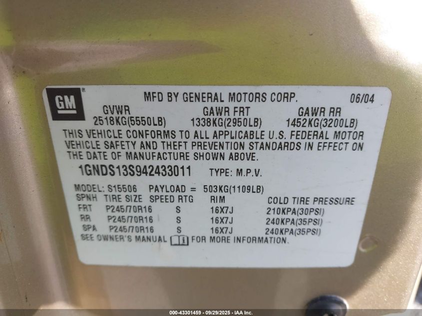 2004 Chevrolet Trailblazer Ls VIN: 1GNDS13S942433011 Lot: 43301459