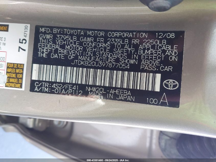 2009 Toyota Prius VIN: JTDKB20U397877054 Lot: 43301480