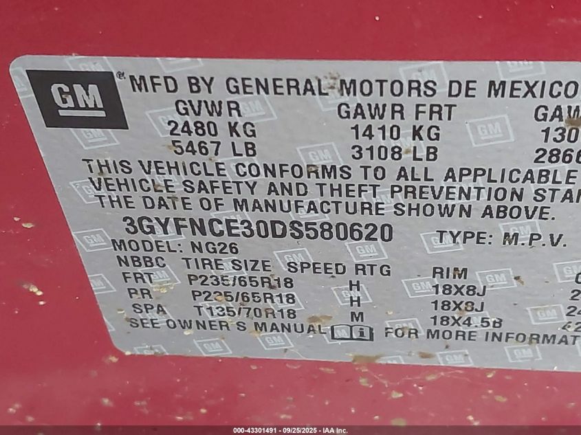 2013 Cadillac Srx Luxury Collection VIN: 3GYFNCE30DS580620 Lot: 43301491