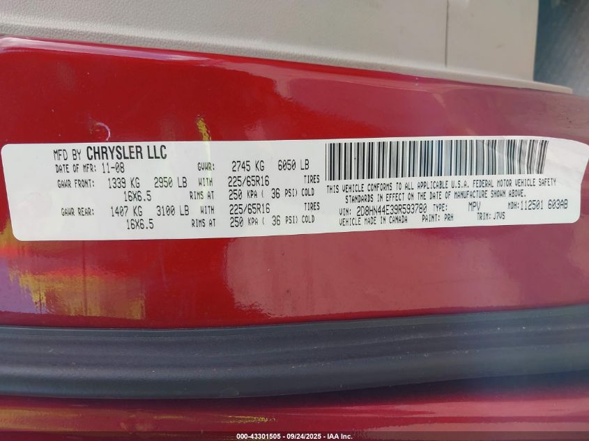 2009 Dodge Grand Caravan Se VIN: 2D8HN44E39R593780 Lot: 43301505