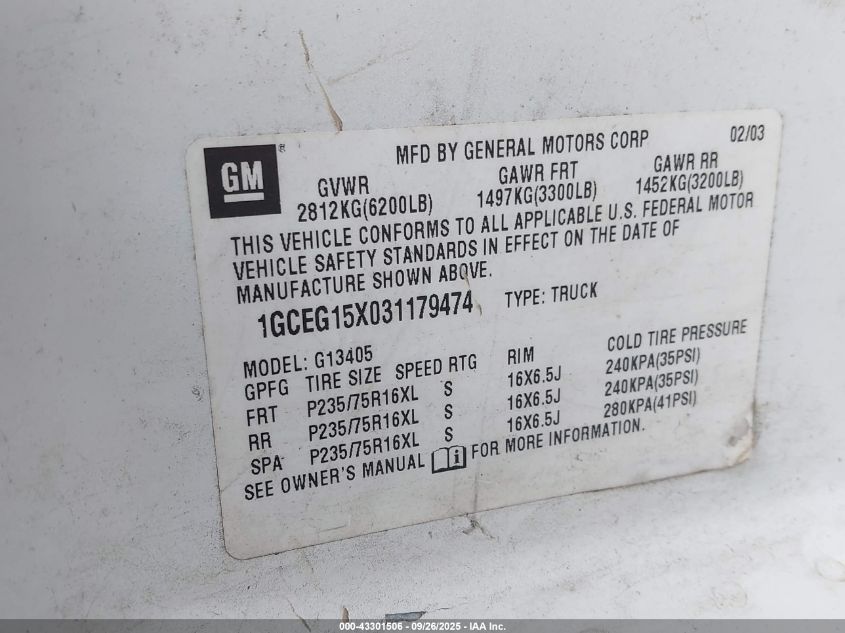 2003 Chevrolet Express VIN: 1GCEG15X031179474 Lot: 43301506