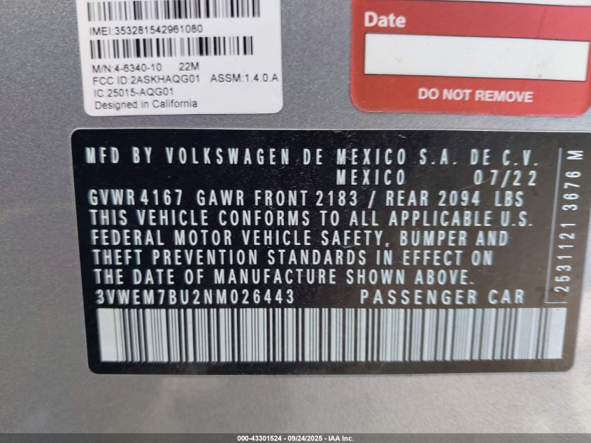 2022 Volkswagen Jetta 1.5T Se VIN: 3VWEM7BU2NM026443 Lot: 43301524