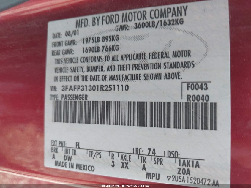 2001 Ford Focus Zx3 VIN: 3FAFP31301R251110 Lot: 43301528