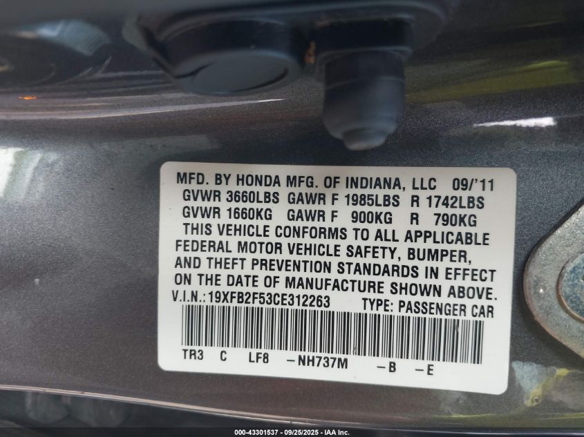 2012 Honda Civic Lx VIN: 19XFB2F53CE312263 Lot: 43301537
