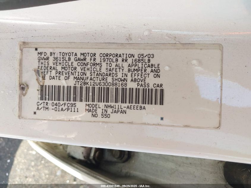 2003 Toyota Prius VIN: JT2BK12U630088168 Lot: 43301549