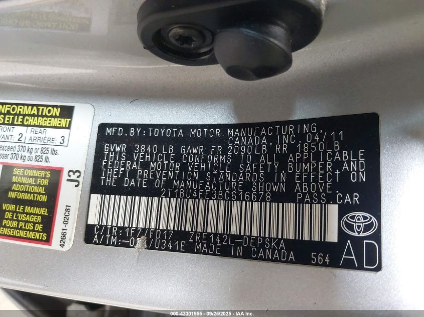 2011 Toyota Corolla S VIN: 2T1BU4EE3BC616678 Lot: 43301555