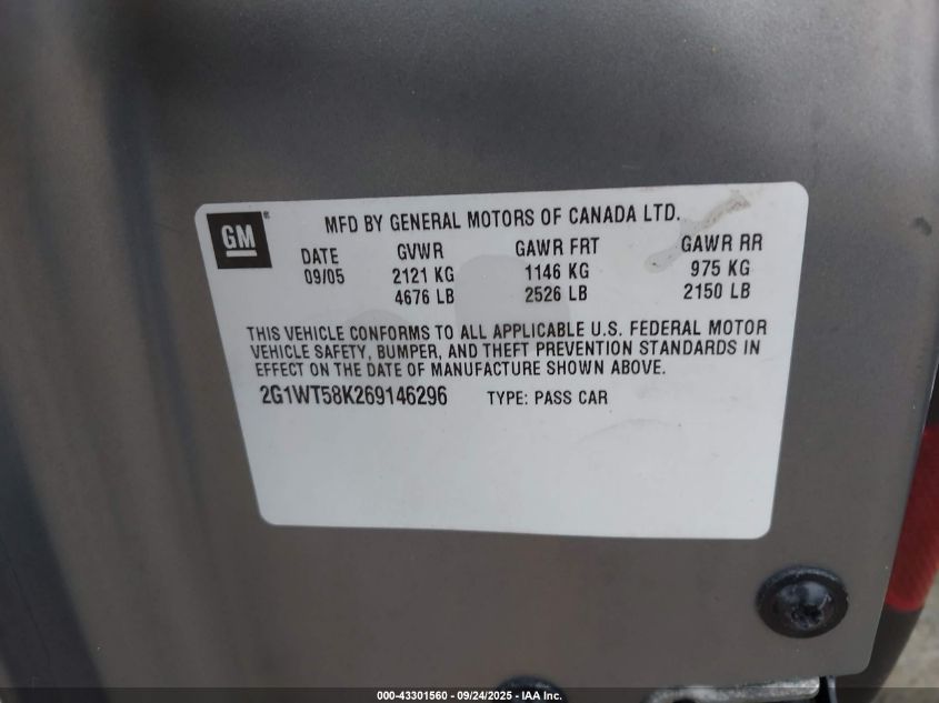 2006 Chevrolet Impala Lt VIN: 2G1WT58K269146296 Lot: 43301560