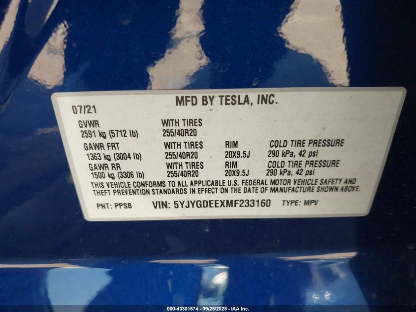 2021 Tesla Model Y Long Range Dual Motor All-Wheel Drive VIN: 5YJYGDEEXMF233160 Lot: 43301574