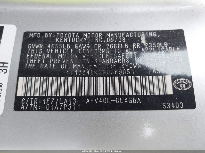 2009 Toyota Camry Hybrid VIN: 4T1BB46K39U089051 Lot: 43301580
