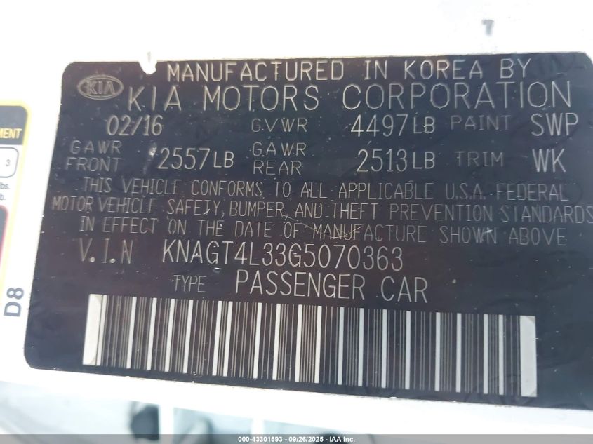 2016 Kia Optima Lx VIN: KNAGT4L33G5070363 Lot: 43301593