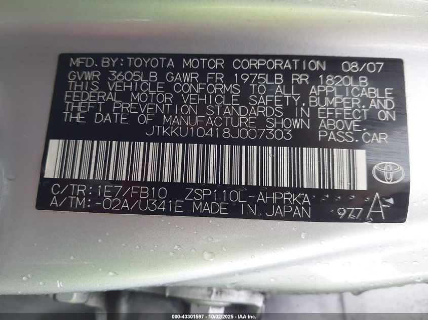 2008 Scion Xd VIN: JTKKU10418J007303 Lot: 43301597