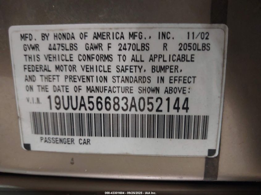 2003 Acura Tl 3.2 VIN: 19UUA56683A052144 Lot: 43301604