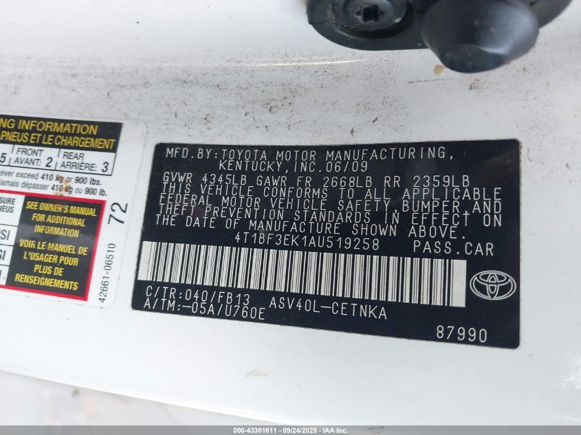 2010 Toyota Camry VIN: 4T1BF3EK1AU519258 Lot: 43301611