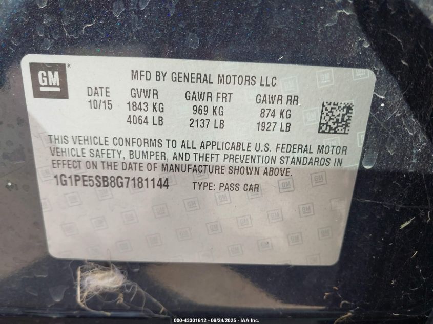 2016 Chevrolet Cruze Limited 1Lt Auto VIN: 1G1PE5SB8G7181144 Lot: 43301612