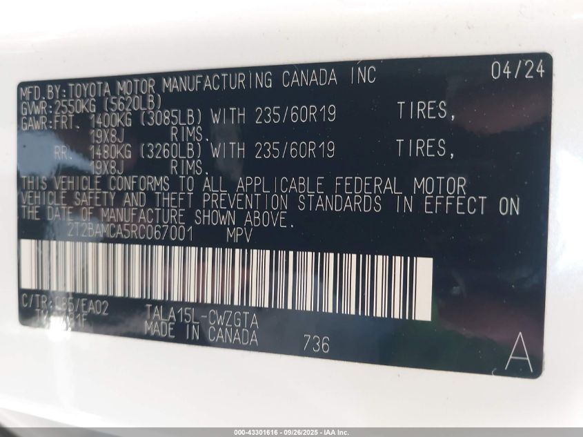 2024 Lexus Rx 350 Premium VIN: 2T2BAMCA5RC067001 Lot: 43301616