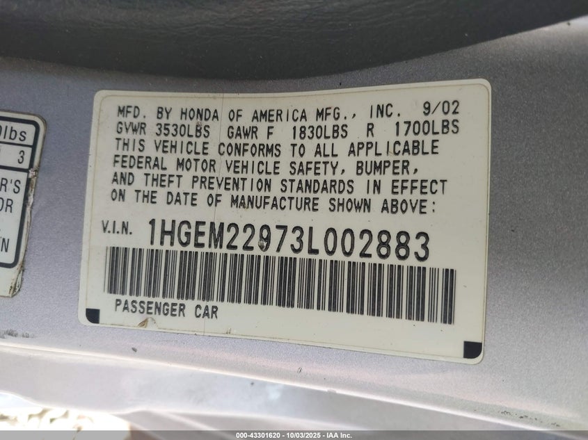 2003 Honda Civic Ex VIN: 1HGEM22973L002883 Lot: 43301620