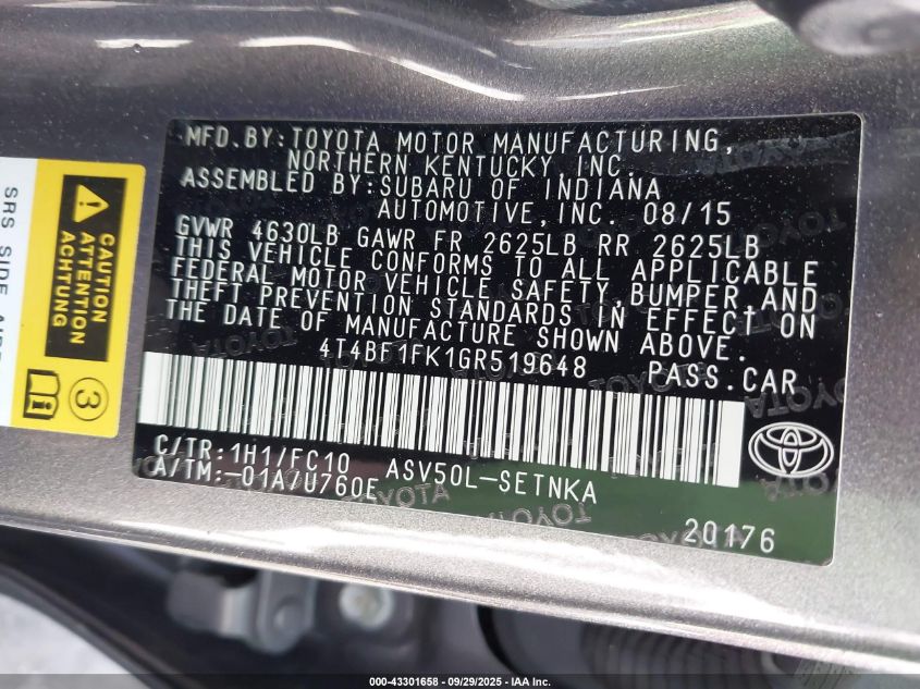 2016 Toyota Camry Le VIN: 4T4BF1FK1GR519648 Lot: 43301658