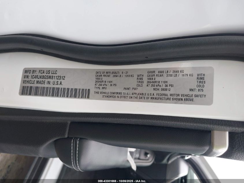 2021 Jeep Grand Cherokee L Limited 4X4 VIN: 1C4RJKBG5M8112312 Lot: 43301666