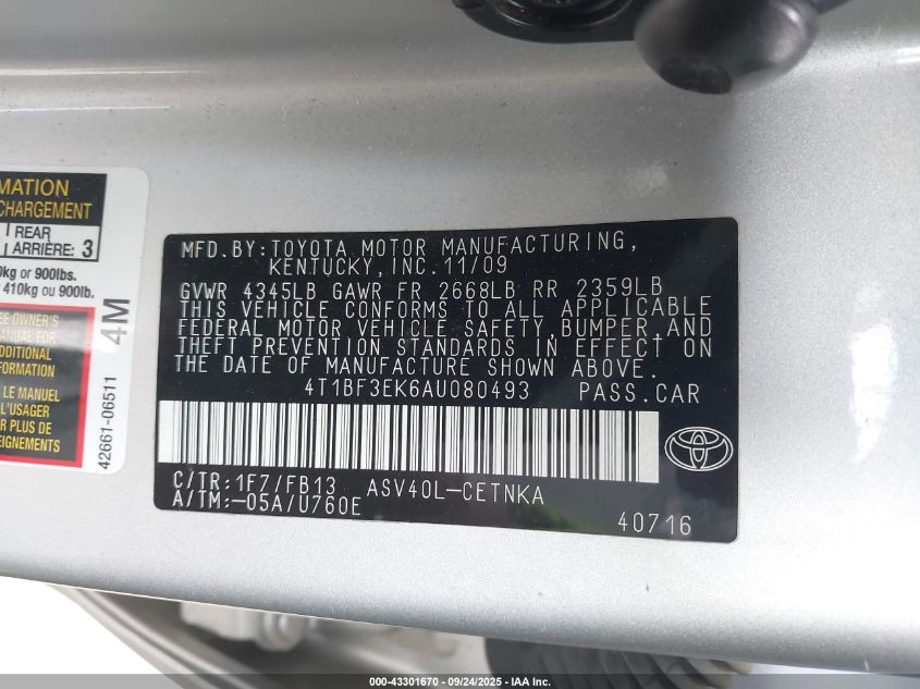 2010 Toyota Camry VIN: 4T1BF3EK6AU080493 Lot: 43301670