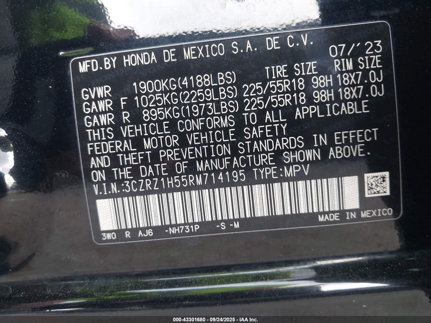 2024 HONDA HR-V 2WD SPORT/2WD SPORT W/O BSI - 3CZRZ1H55RM714195