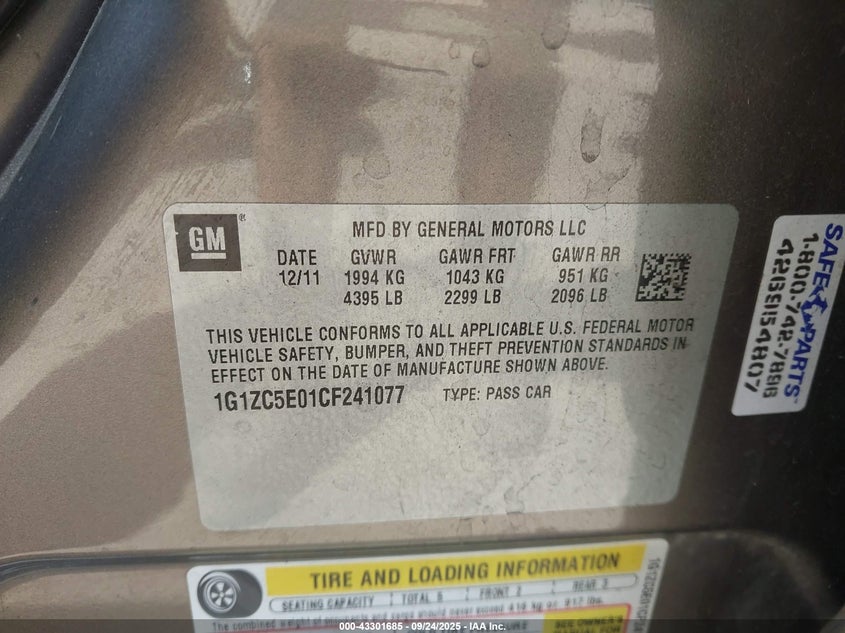 2012 Chevrolet Malibu 1Lt VIN: 1G1ZC5E01CF241077 Lot: 43301685