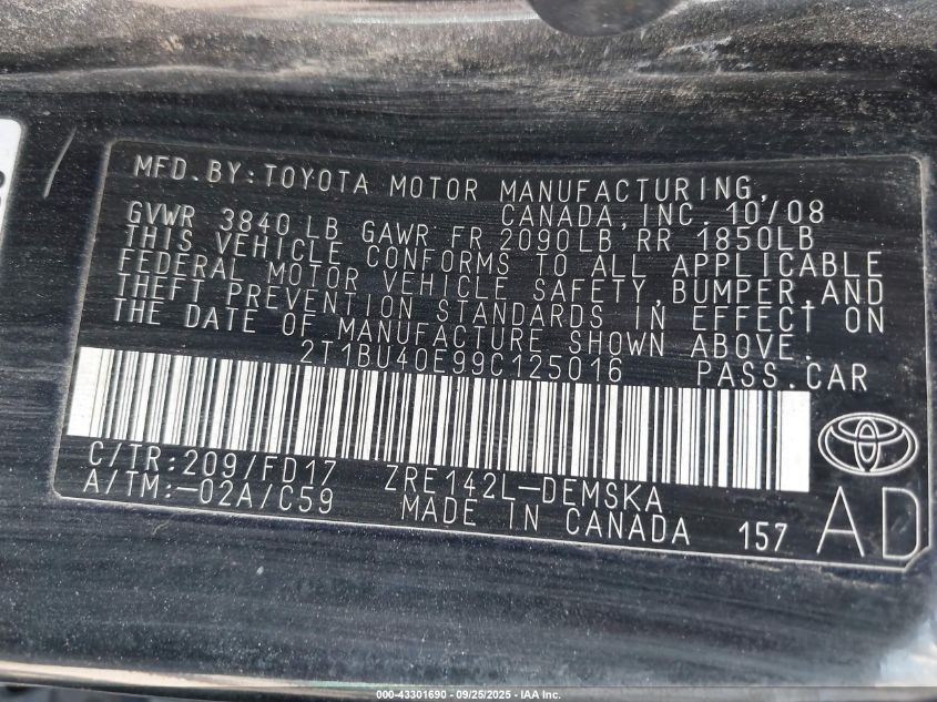 2009 Toyota Corolla S VIN: 2T1BU40E99C125016 Lot: 43301690