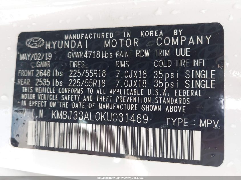 2019 Hyundai Tucson Sel VIN: KM8J33AL0KU031469 Lot: 43301692