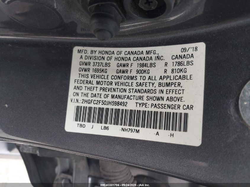 2018 Honda Civic Lx VIN: 2HGFC2F50JH598492 Lot: 43301704