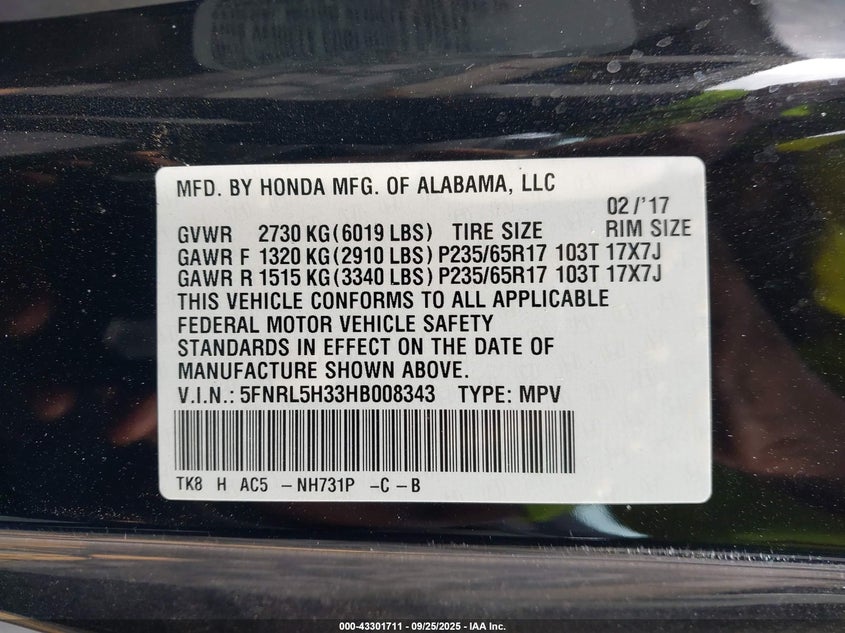 2017 Honda Odyssey Se VIN: 5FNRL5H33HB008343 Lot: 43301711