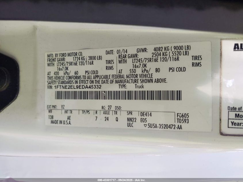 2014 Ford E-250 Commercial VIN: 1FTNE2EL9EDA45332 Lot: 43301717